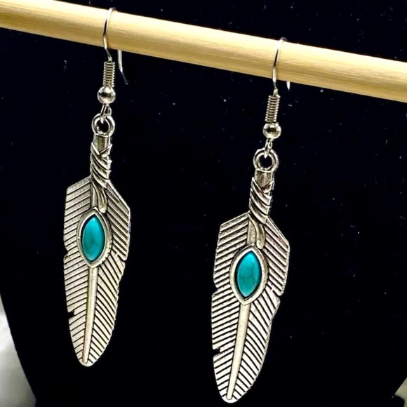 Jewelry - Hippie Bohemian Feather Turquoise Antique Silver Earrings